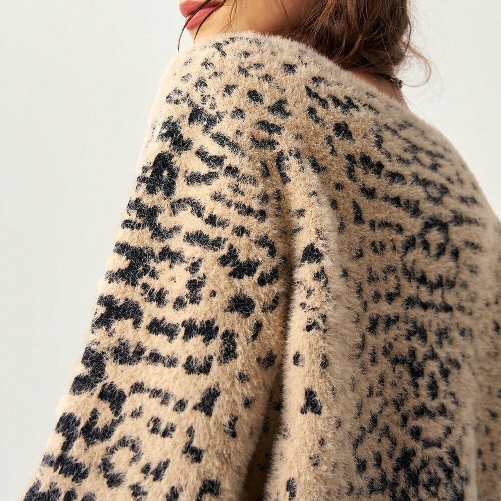 Brown Casual Women's Leopard Print V-Neck Cardigan Sweater - Picture 8 of 8
